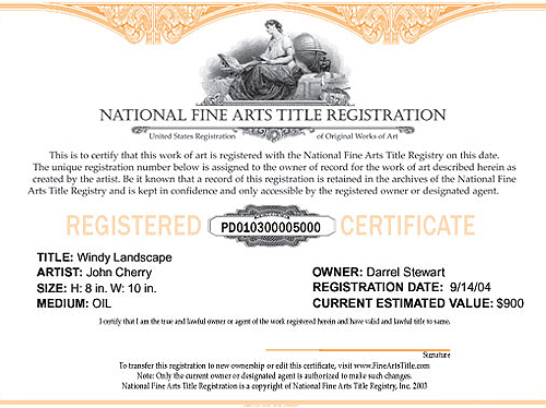 Sample National Fine Arts Title Certificate